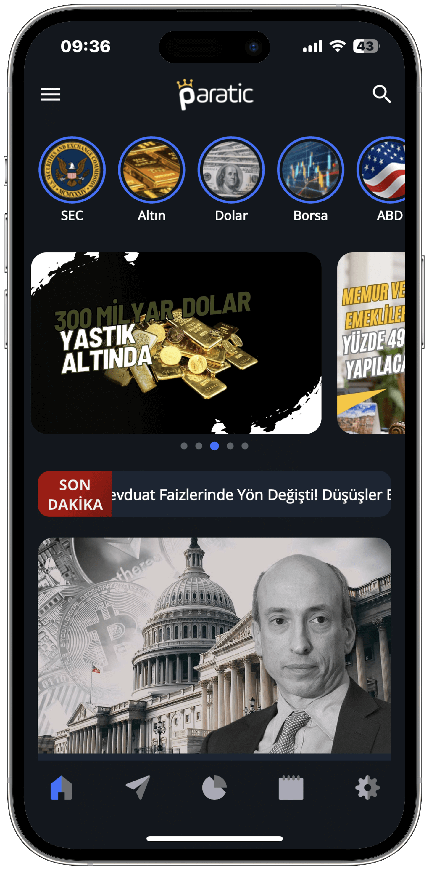 Paratic Haber Mobil Uygulaması Karanlık Mod Anasayfa Arayüzü Görüntüsü