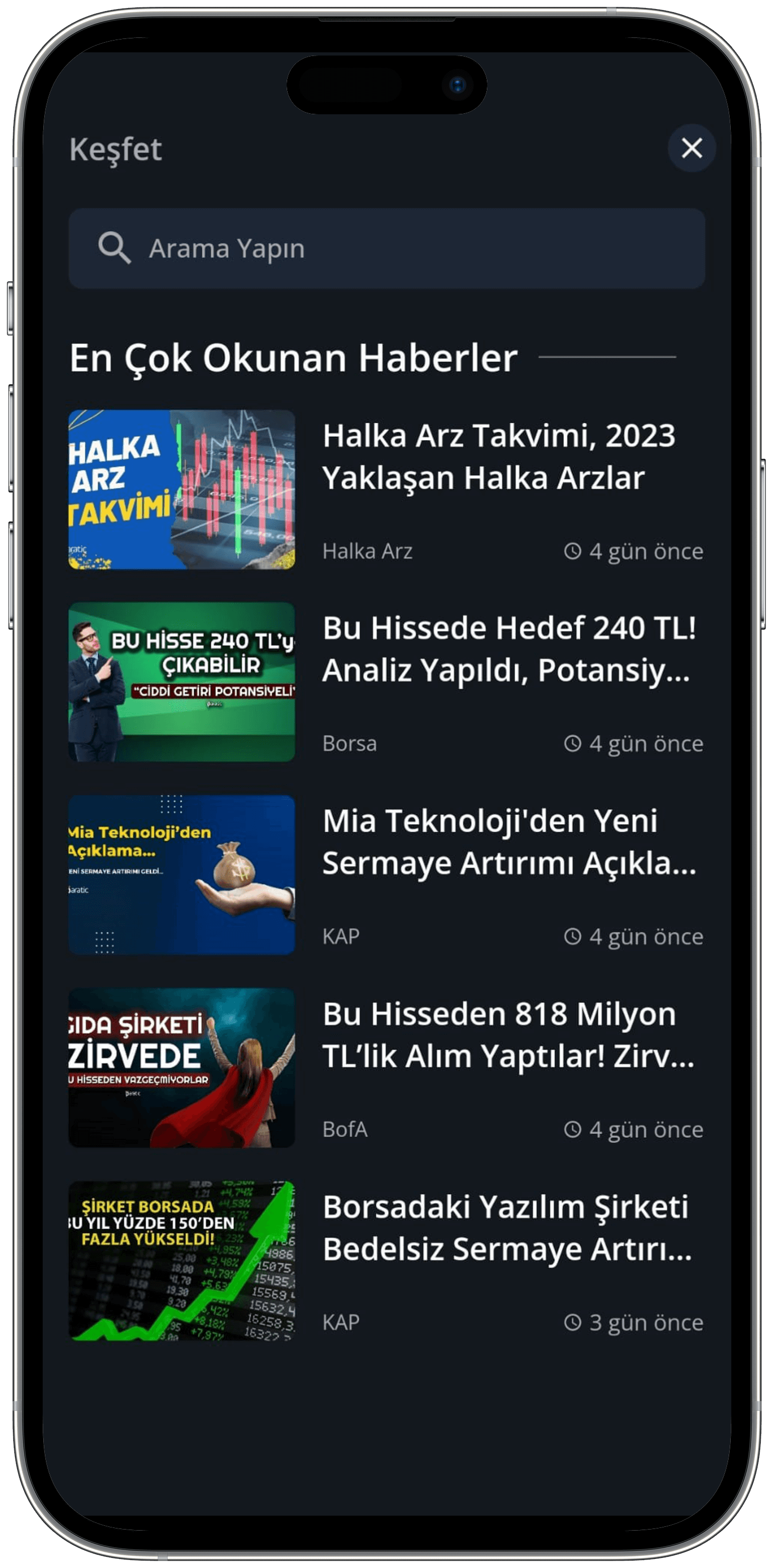 Paratic Haber Mobil Uygulaması Keşfet Arayüzü Görüntüsü